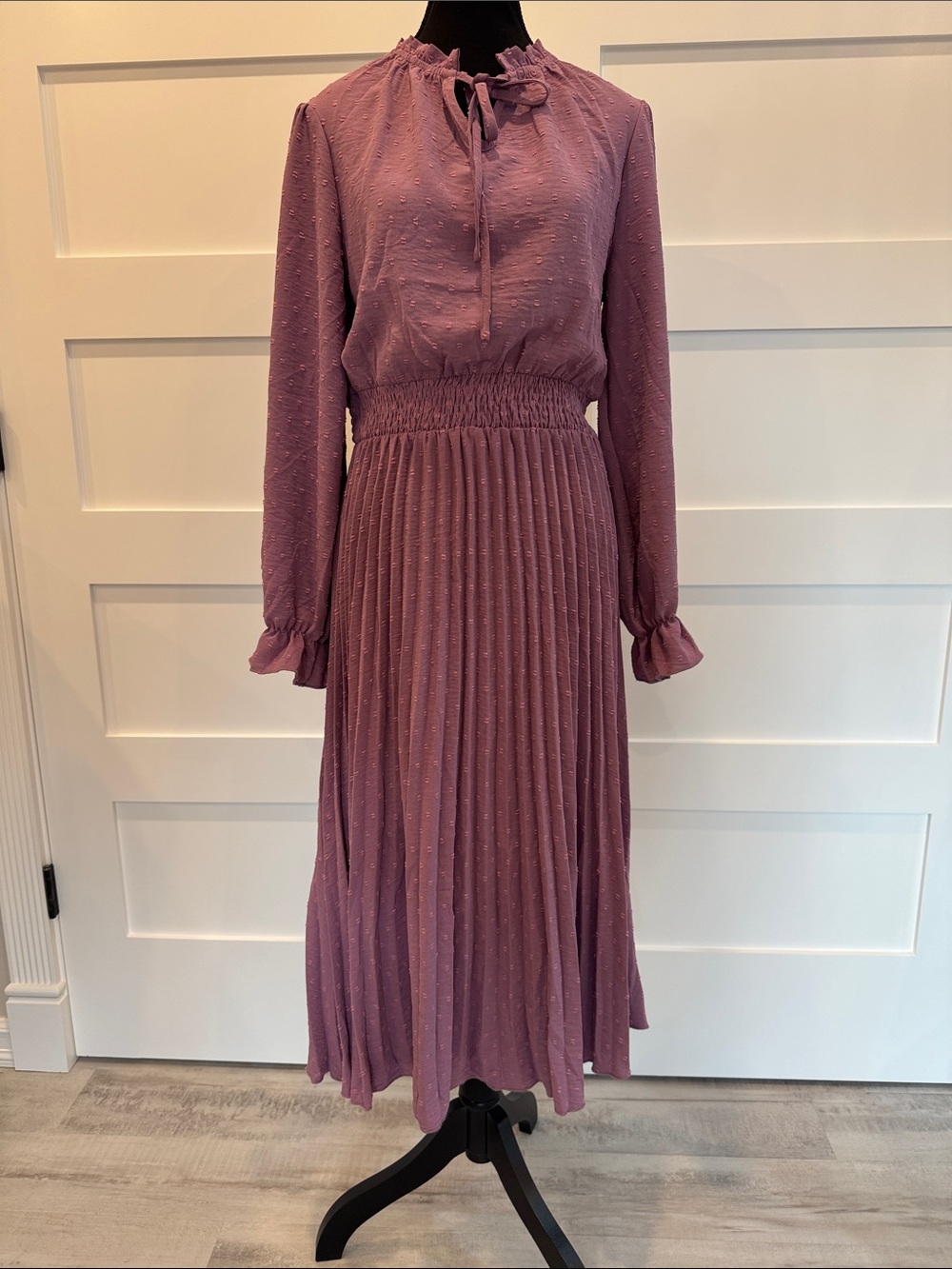 Long-Sleeve Smocked Waist Midi Dress in Dusty Mauve
